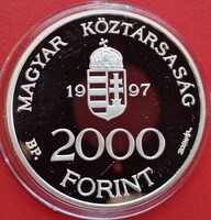 1997 évi 2.000 Forint tükörveret aUNC. Integráció az Európai Unióba. Euro. 1 uncia 925% ezüst.