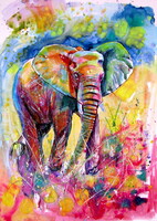 Elephant in the meadow-  watercolor painting - Elefánt a mezőn - akvarell festmény