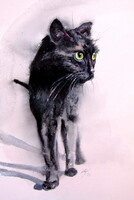 Kovács Anna Brigitta: Black cat -  watercolor painting - Fekete macska  - akvarell festmény