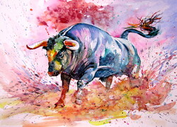 Kovács Anna Brigitta:Running bull -  watercolor painting - Futó bika - akvarell festmény