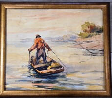 Dr. Piroska János -Tiszai halász- kétoldalas festmény--