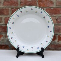 Zöld szegélyes - színes virágos nagy kerek kínáló - süteményes - szendvicses tál - porcelán tányér