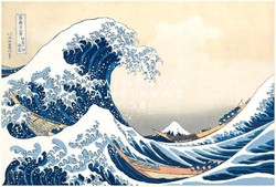 Régi japán fametszet Hokuszai: A nagy hullám, tenger, csónak ukiyo-e ázsiai keleti reprint nyomat