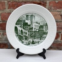 Angol dombormintás szegéllyel - zöld színű mintával nagy kerek kerámia kínáló tál - tányér