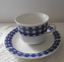 Fehér-kék, kockás porcelán kávéscsésze + alátét tányér