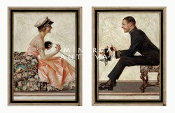 Fiatal szerelmes jegyes pár katona egyenruha sapka lány fonal századelő 1909 J.C.Leyendecker REPRINT