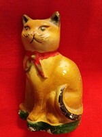Antik cc. 1930 népi mázas kerámia persely ülő kandúr cica macska 15 x 10 cm képek szerint