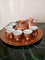 Szíriai  vörösréz kávés:  kék - fehér porcelán csészék, tálca, kiöntő, cukortartó + 1 kis bogrács