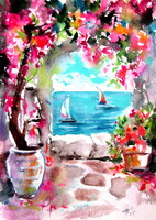 Seascape with sailboats -  watercolor painting - Tengeri tájkép vitorlásokkal - akvarell festmény