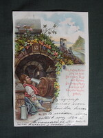 Képeslap,litho,humor,vicc,grafikai,itt ülök a pincében és sört iszom,1899-