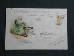 Képeslap,litho,humor,vicc,grafikai,bohóc,harlekin,1899-