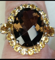 Sterling /925 finomság/ ezüstgyűrű ,ovális csiszolt füstkvarc ,és citrin berakással  51 méret