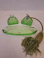 Art deco perfume set, cut colored glass, Landeskronen Kristall, marked uranium green glass