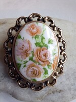 Aranyozott,porcelán,rózsás bross