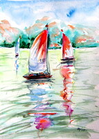Kovács Anna Brigitta: Sailboats together - watercolor painting- Vitorlások együtt