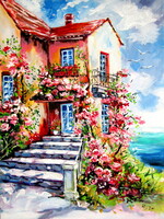 Kovács Anna Brigitta: House with roses- acrylic painting / Ház rózsákkal - akril festmény