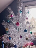 Retro orosz ezüst lametta műfenyő + ajándék zenélő csengettyű