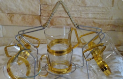 Vintage üveg pohárkészlet fém tartóval – aranyszínű betétekkel, 6 darabos szett