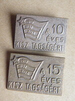 KISZ (1919-1957) jelvény 2 darab 10 és 15 éves tagságért