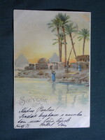 Képeslap,litho,Egyiptom,Kairó,Kafr falu,piramis,pálmafa látkép,részlet,1899-