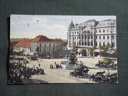 Képeslap,Pécs,Széchenyi tér,szentháromság szobor,hintó,villamos,piactér,Fürst Lipót kiadás,1913-