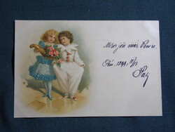 Képeslap,litho,grafikai,kislány,virágcsokor,bohóc,harlekin,Pécs,Pécsvárad bélyegzés,1899-