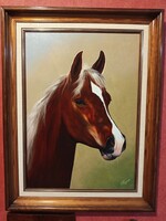 Vladimir Najgyanov: Nemes lóportré – Élethű olajfestmény, galériás, 86 cm magas