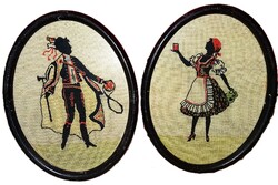 1920's Antik tűgobelin hímzett kép Nász NÉPI pár bieder keret + üveg 28 x 20 cm EGYBEN képek szerint