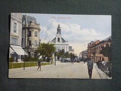 Képeslap,Pécs,Irgalmasok utca,templom,villamos látkép,részlet,Dunántúl könyvkereskedés kiadás,1913-