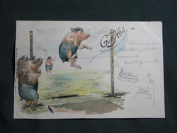 Képeslap,litho,Bruno Bürger grafika,humor,vicc,malac magasugróverseny,Pécs,Pécsvárad bélyegzés,1899-