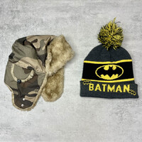 Gap kids camouflage warm hat with earflaps, batman pompom hat set 6-9 years