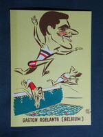Képeslap,VII. Atlétikai E. B. Budapest,Szepes Béla gafika,Gaston Roelants,sportpropaganda,1966