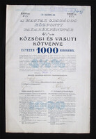 Magyar Országos Központi Takarékpénztár 4,5%-os községi és vasúti kötvény 1000 korona 1919
