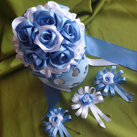 Wedding mcs13 - bridal bouquet, 3 groom's pins - blue satin rose set
