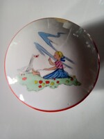 Kőbányai Drasche gyerekmintás, mesejelenetes porcelán cukortartó,  bonbonier