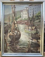 Porto di Camogli /Camogli Kikötő (Olaszország) Olaj-farost Impresszionista Festmény!