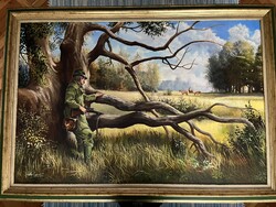 Valik Zagyva Sándor - "Szarvas lesen" 80x120 cm nagyméretű olaj festmény!