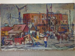 Lipták Pál,  Építkezés. 78x121 cm!!! Hatalmas, nagy méretű!