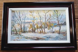 Szamosvári József: Téli fák, olaj, 20 x 35 cm, festmény