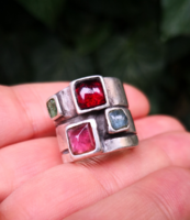 Gyönyörű turmalin, akvamarin, gránát, peridot köves ezüst gyűrű