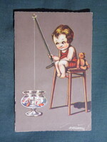 Képeslap,grafikai,művészet,kislány horgászik akváriumból aranyhalakra,medve, 1929-