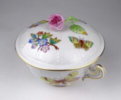 1Z020 Régi Viktória mintás kétfülű Herendi porcelán fedeles leveses csésze bonbonier