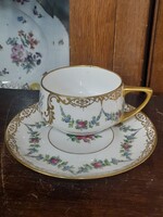 Egyedi Alt Wien 1916 Art Deco Kézi Festésű,Aranyozott,Virágmintás Porcelán Csésze Szett.