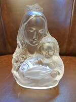 Antik art-deco Desna Ingrid frosted mattított cseh üveg Szűz Mária a gyermek Jézussal figura szobor