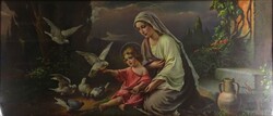 1Z124 Galambokat etető kis Jézus és Szűz Mária szentkép olajnyomat