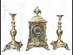 Antik gazdagon díszített restaurált asztali - kandalló óra - szett