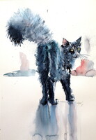 Kovács Anna Brigitta: Black cat IV-  watercolor painting - Fekete macska IV - akvarell festmény
