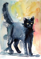 Kovács Anna Brigitta: Black cat III-  watercolor painting - Fekete macska III - akvarell festmény