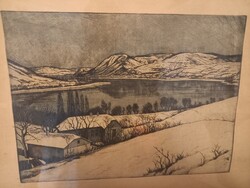 Novák Lajos rézkarc Dunakanyar szignózott eredeti keretezett