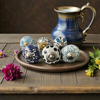 (v4 )  6 db-os vintage stílusú kézzel festett porcelán bútorgomb szett